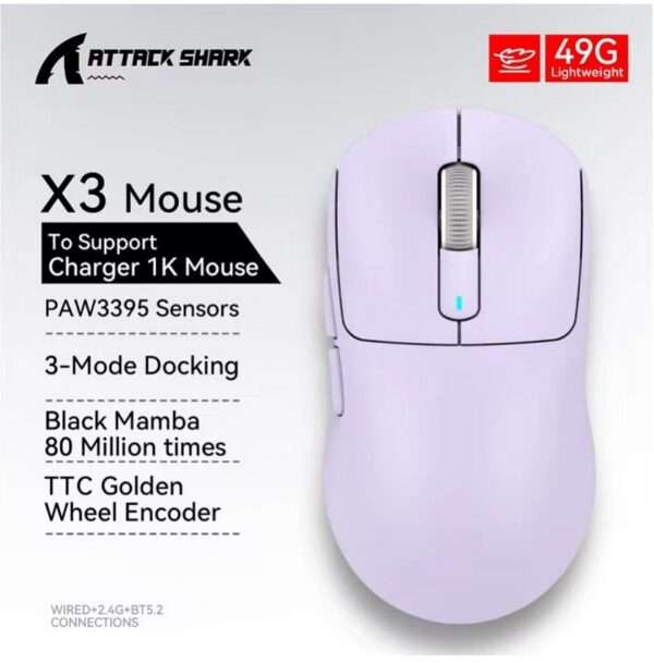 Миша Attack Shark X3 Levander PAW3395 Pixart Black Mamba BT5.2 - Зображення 3