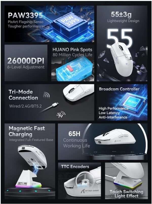 Миша Attack Shark X6 White 26000DPI PAM3395 Wireless Bluetooth із зарядною базою - Зображення 3